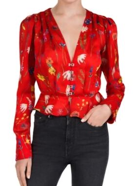 The Kooples Red Floral V-Neck Peplum Feminine Classy Sheer Summer Blouse